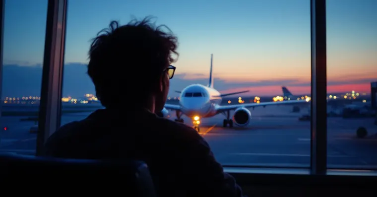 Illustration: travellers and aircraft at an airport, for the Aegean Airlines page