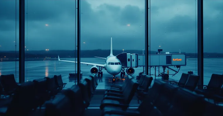 Illustration: travellers and aircraft at an airport, for the Aer Lingus page