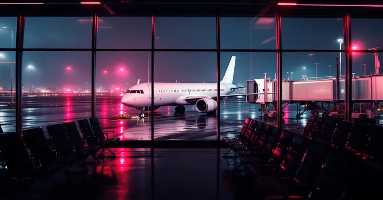 Illustration: travellers and aircraft at an airport, for the Alaska Airlines page