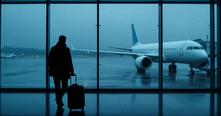 Illustration: travellers and aircraft at an airport, for the Austrian Airlines page