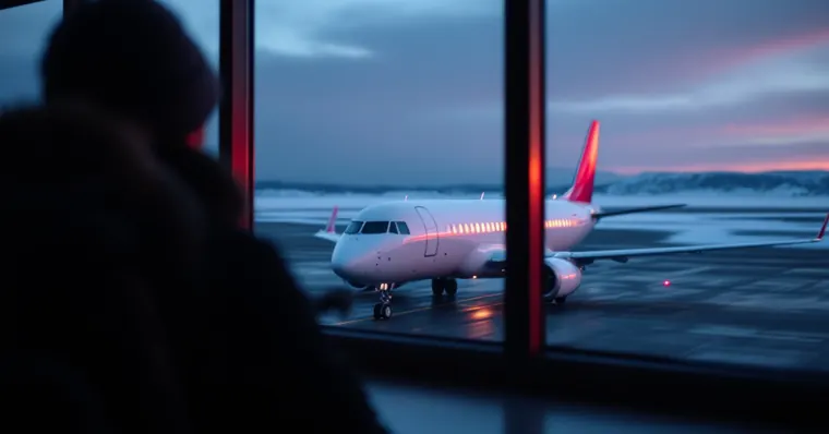 Illustration: travellers and aircraft at an airport, for the Canadian North page