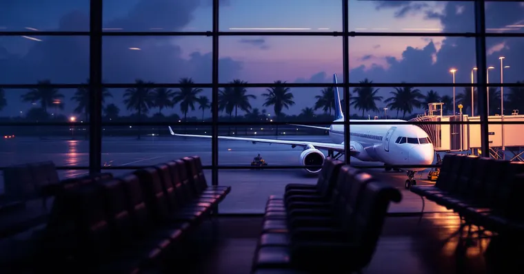Illustration: travellers and aircraft at an airport, for the Cathay Pacific page