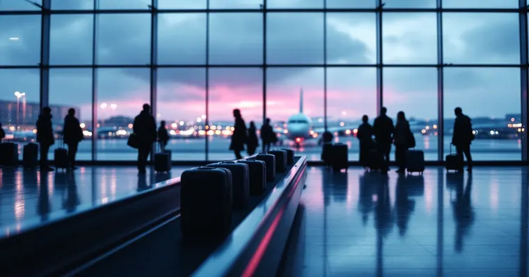 Illustration: travellers and aircraft at an airport, for the Condor page