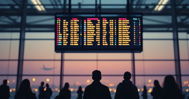 Illustration: travellers and aircraft at an airport, for the Emirates page