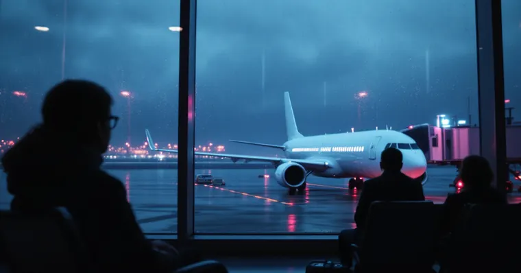 Illustration: travellers and aircraft at an airport, for the Eurowings page