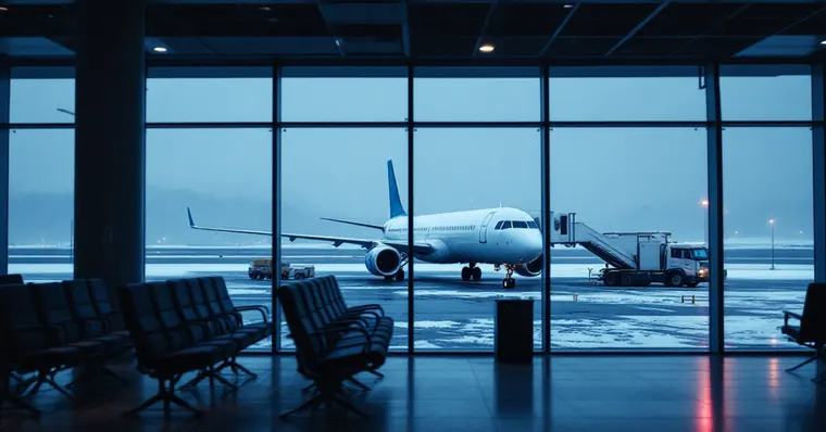 Illustration: travellers and aircraft at an airport, for the Finnair page