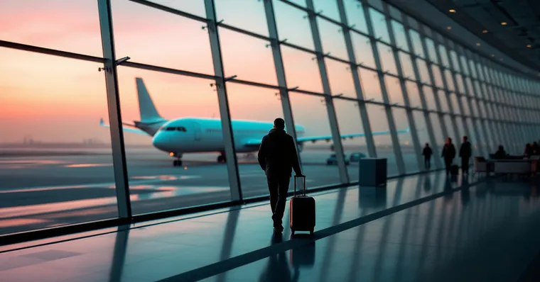 Illustration: travellers and aircraft at an airport, for the Gulf Air page