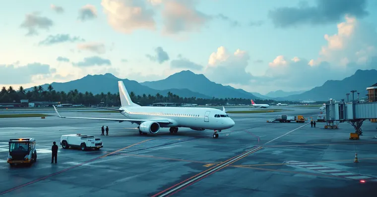 Illustration: travellers and aircraft at an airport, for the Hawaiian Airlines page