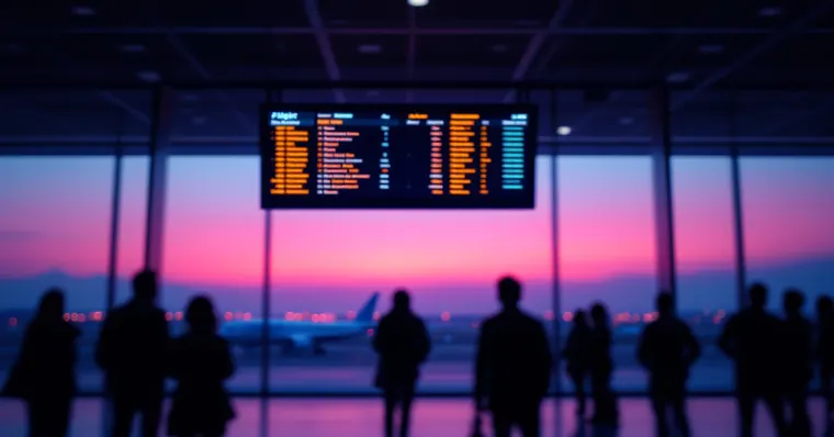 Illustration: travellers and aircraft at an airport, for the Iberia page
