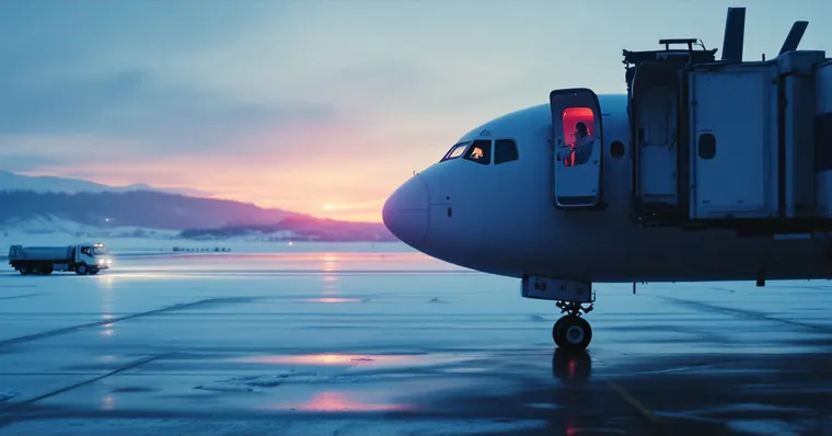 Illustration: travellers and aircraft at an airport, for the Icelandair page
