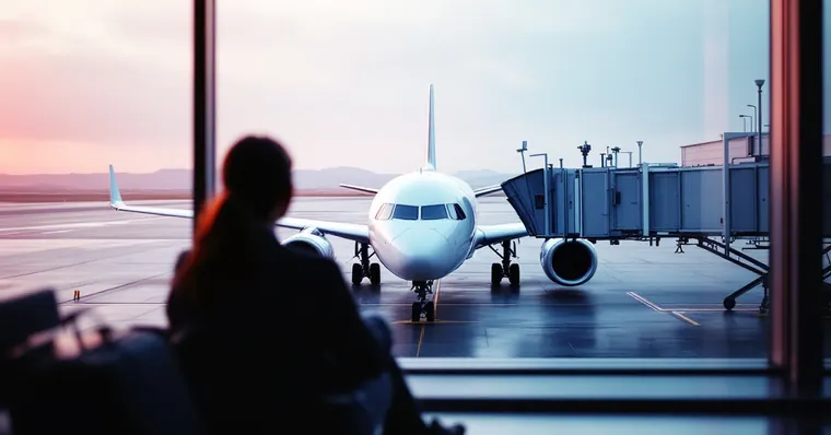 Illustration: travellers and aircraft at an airport, for the ITA Airways page