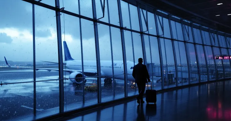 Illustration: travellers and aircraft at an airport, for the KLM page