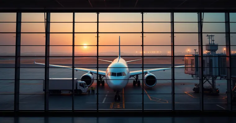Illustration: travellers and aircraft at an airport, for the Kuwait Airways page