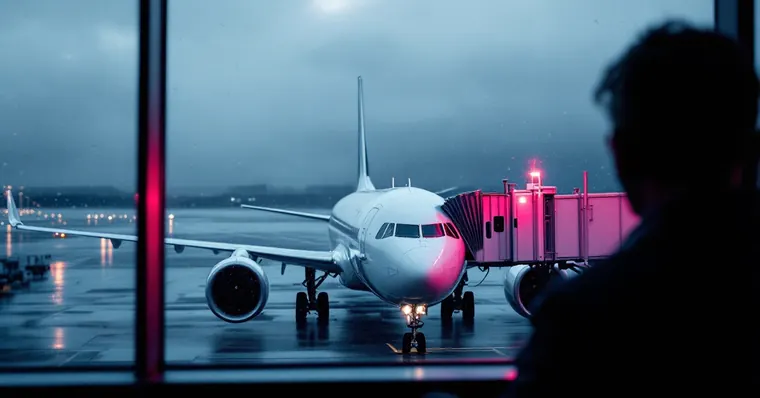 Illustration: travellers and aircraft at an airport, for the Lufthansa page