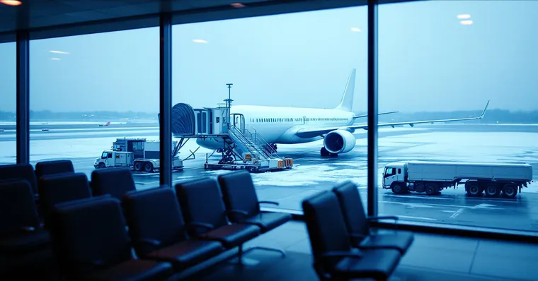Illustration: travellers and aircraft at an airport, for the Norse Atlantic Airways page