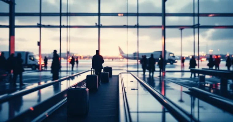 Illustration: travellers and aircraft at an airport, for the Norwegian page