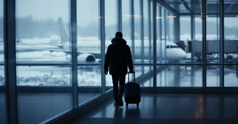 Illustration: travellers and aircraft at an airport, for the Porter Airlines page