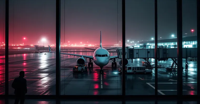 Illustration: travellers and aircraft at an airport, for the Qatar Airways page
