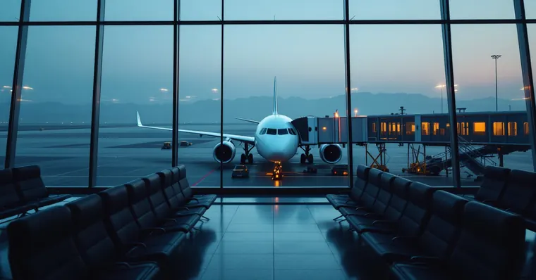 Illustration: travellers and aircraft at an airport, for the Saudia page