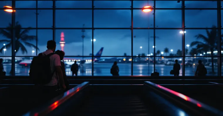 Illustration: travellers and aircraft at an airport, for the Singapore Airlines page