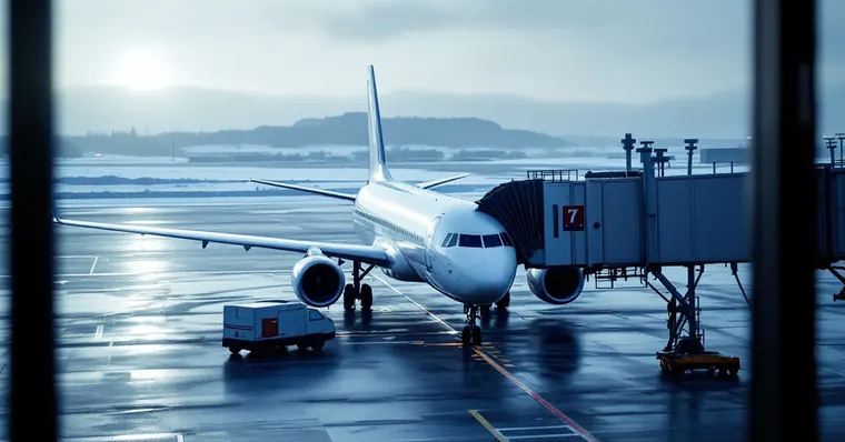 Illustration: travellers and aircraft at an airport, for the Sunwing Vacations flights are operated by WestJet page