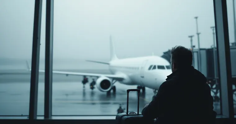Illustration: travellers and aircraft at an airport, for the Transavia page