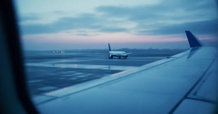 Illustration: travellers and aircraft at an airport, for the United Airlines page