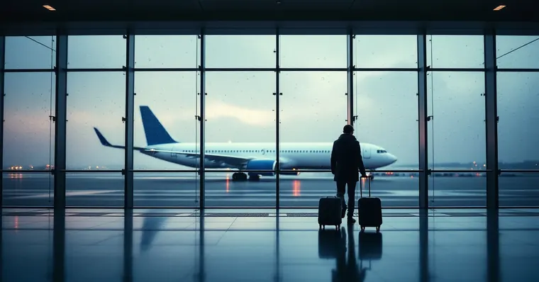 Illustration: travellers and aircraft at an airport, for the Virgin Atlantic page