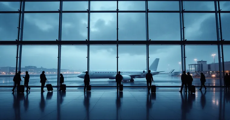 Illustration: travellers and aircraft at an airport, for the Aberdeen Airport page