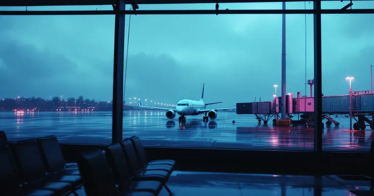 Illustration: travellers and aircraft at an airport, for the Belfast International Airport page