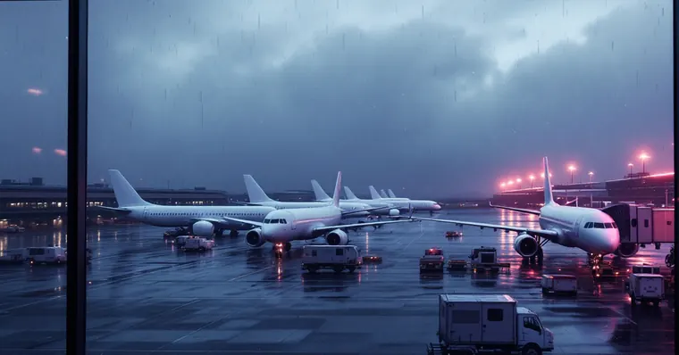 Illustration: travellers and aircraft at an airport, for the Birmingham Airport page