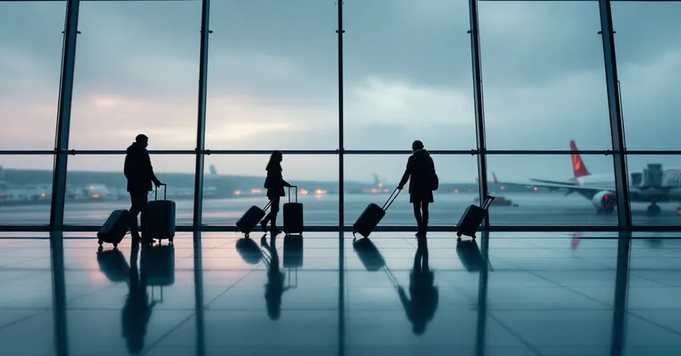 Illustration: travellers and aircraft at an airport, for the Bournemouth Airport page