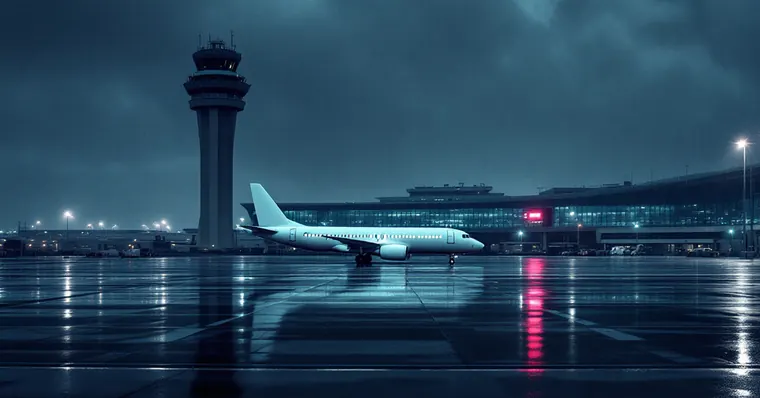 Illustration: travellers and aircraft at an airport, for the Bristol Airport page