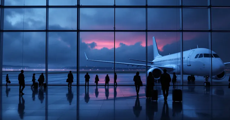 Illustration: travellers and aircraft at an airport, for the Cardiff Airport page