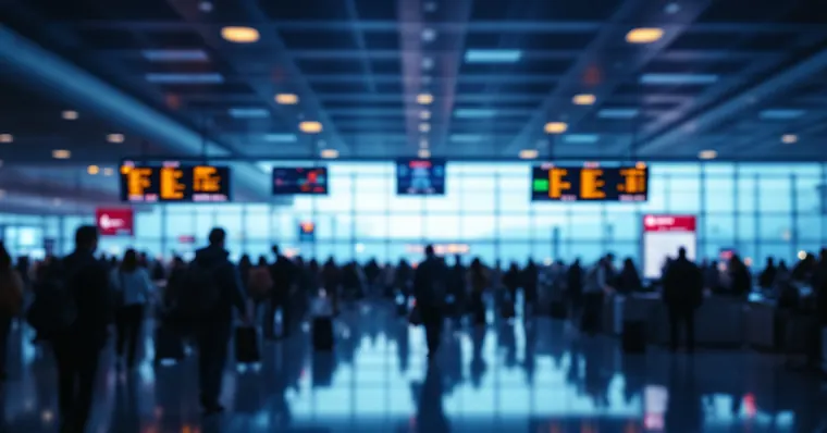Illustration: travellers and aircraft at an airport, for the Chicago O'Hare page