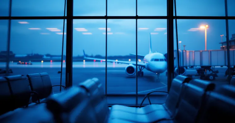 Illustration: travellers and aircraft at an airport, for the Denver (DEN) page