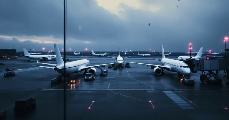 Illustration: travellers and aircraft at an airport, for the Dublin Airport page