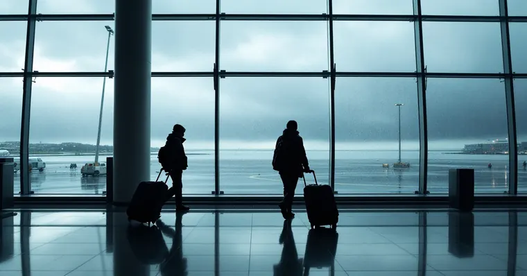 Illustration: travellers and aircraft at an airport, for the East Midlands Airport page