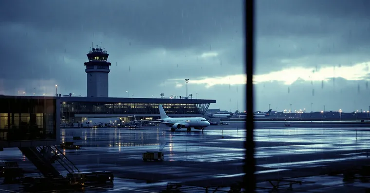Illustration: travellers and aircraft at an airport, for the Edinburgh Airport page