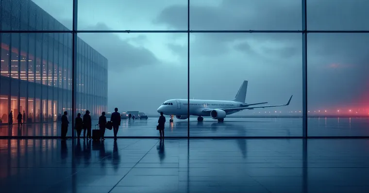 Illustration: travellers and aircraft at an airport, for the Exeter Airport page