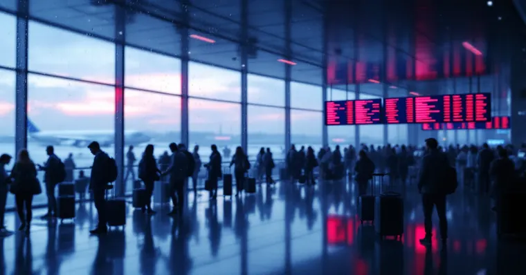 Illustration: travellers and aircraft at an airport, for the Gatwick page