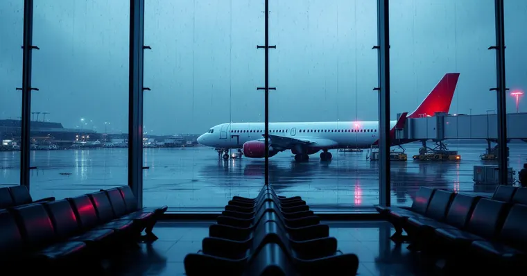 Illustration: travellers and aircraft at an airport, for the Glasgow Airport page