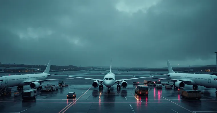 Illustration: travellers and aircraft at an airport, for the Heathrow page