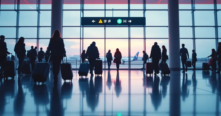 Illustration: travellers and aircraft at an airport, for the New York JFK page