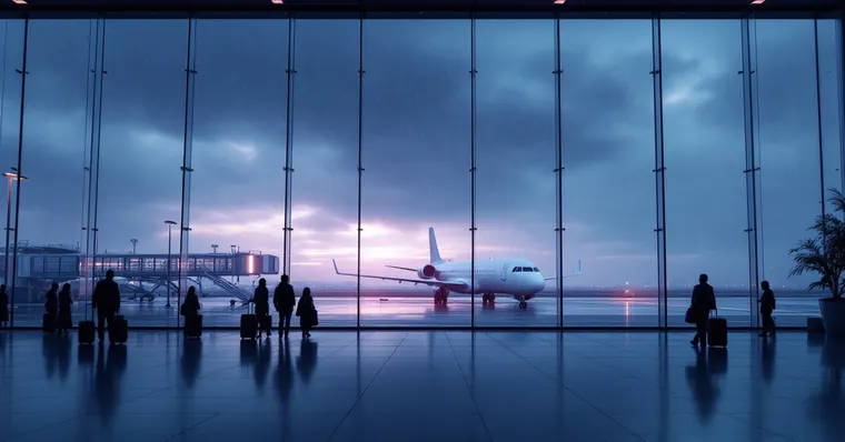 Illustration: travellers and aircraft at an airport, for the Liverpool John Lennon Airport page