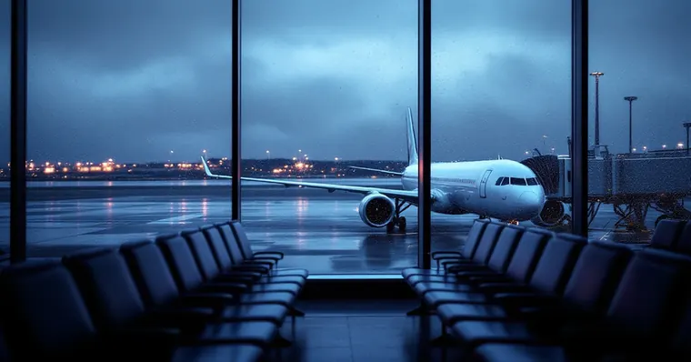 Illustration: travellers and aircraft at an airport, for the London Luton Airport page