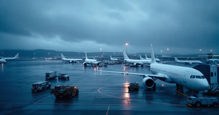 Illustration: travellers and aircraft at an airport, for the Manchester Airport page