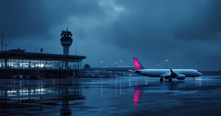 Illustration: travellers and aircraft at an airport, for the Newcastle Airport page
