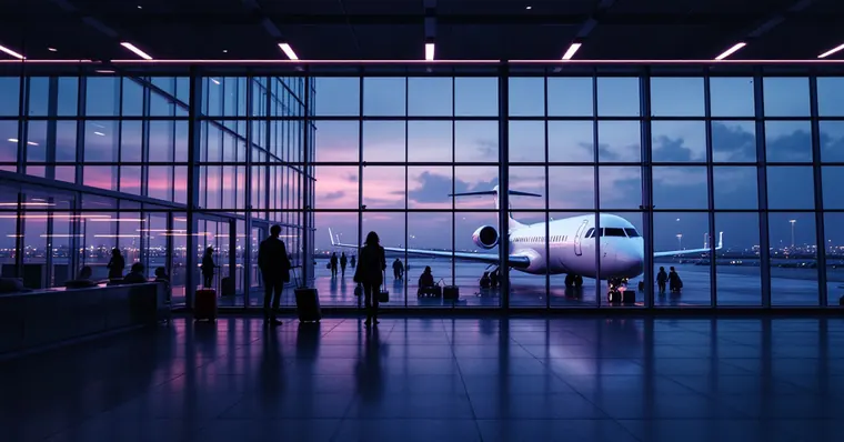 Illustration: travellers and aircraft at an airport, for the San Francisco (SFO) page