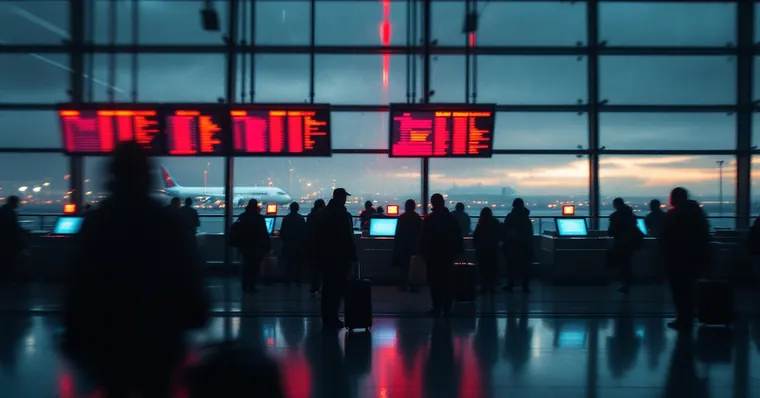 Illustration: travellers and aircraft at an airport, for the Southampton Airport page